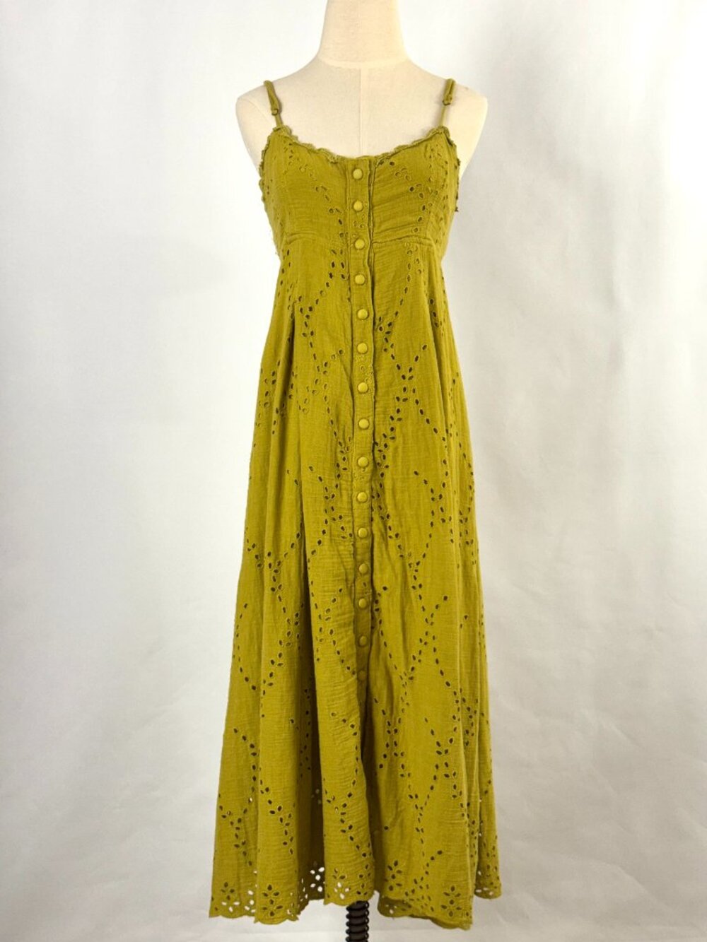 Free People Getaway Sleeveless Maxi Dress Eyelet Button Front Empire Chartreuse